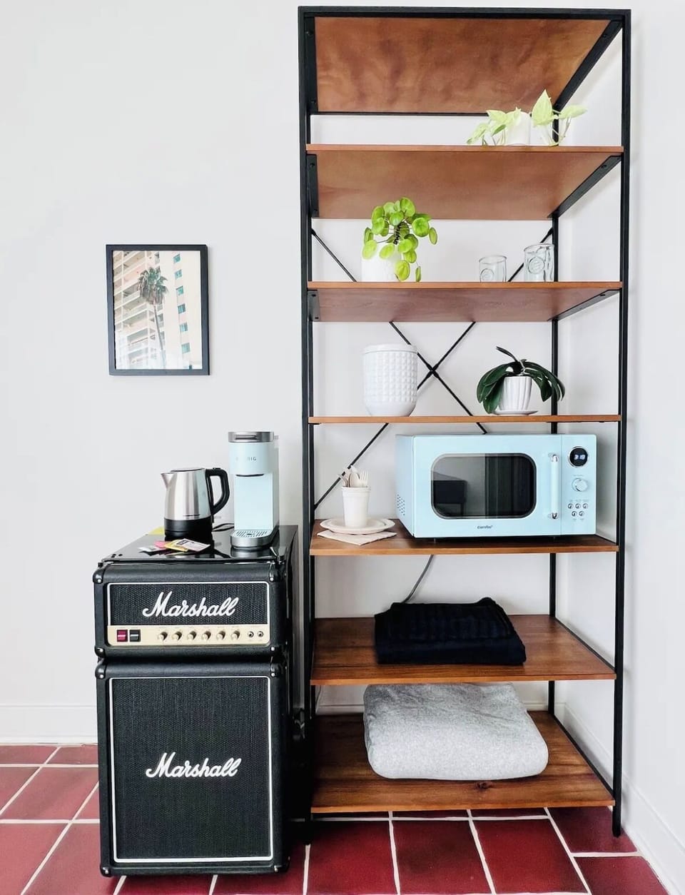 mini fridge + water kettle, Keurig mini coffee maker and retro microwave 
