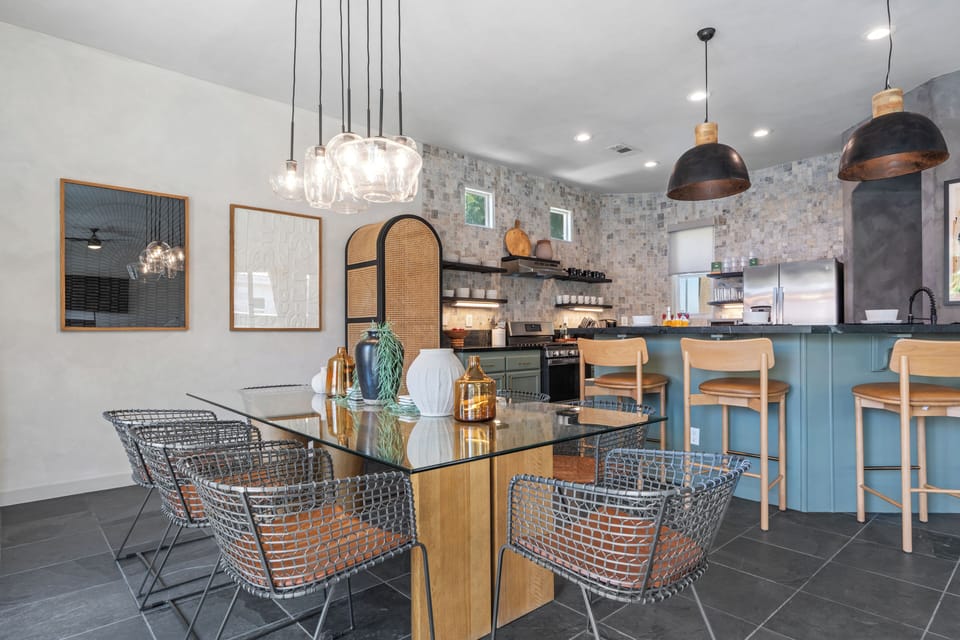 Kitchen and dining in one space.