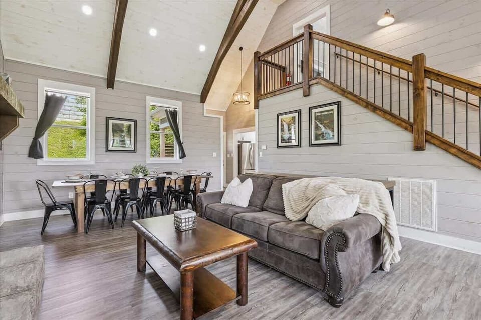 Bright beams and inviting seating create the perfect gathering spot in the Smokies!