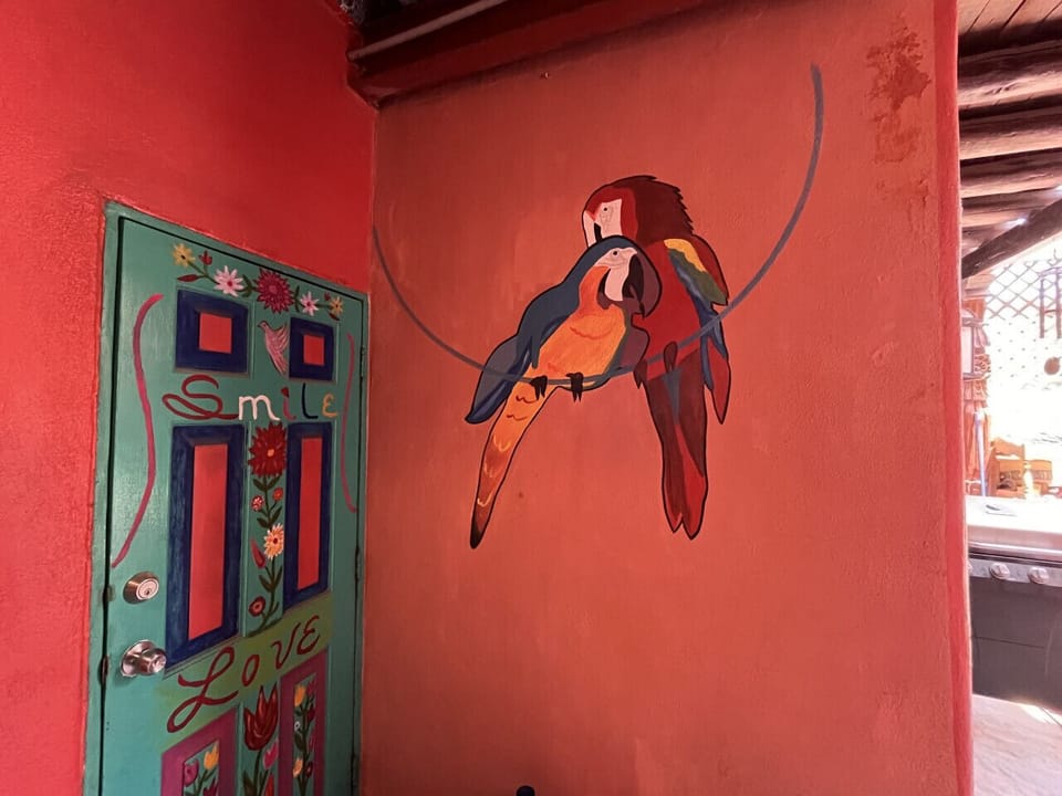 Vibrant artworks displayed throughout, adding a splash of color