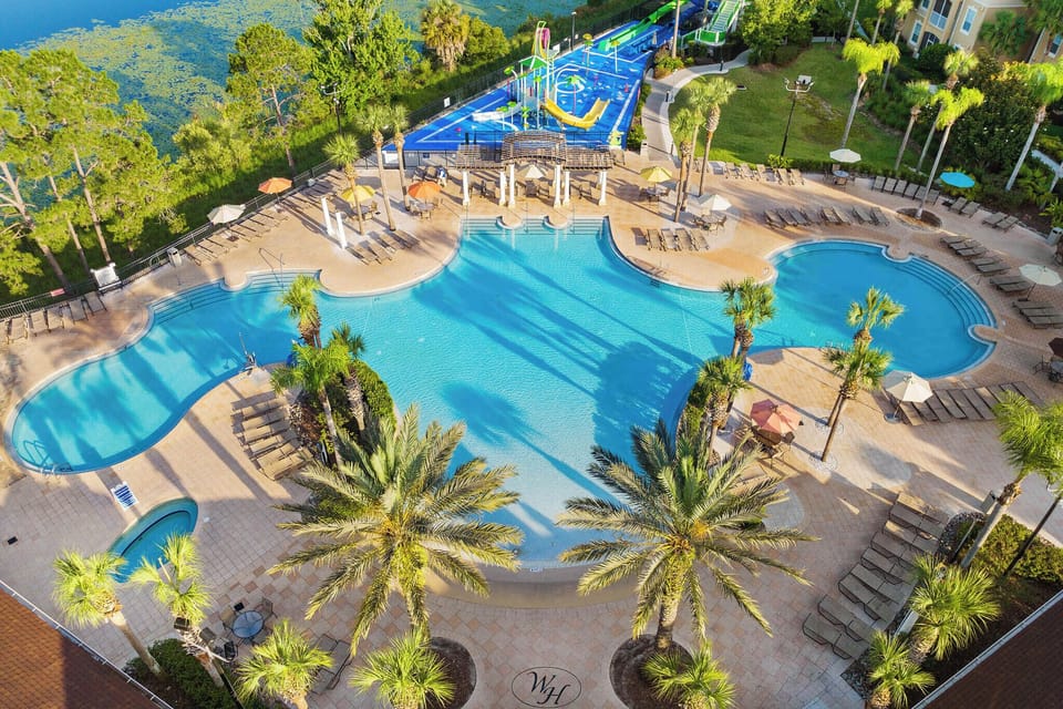 Sparkling pool, palm trees, and vibrant water slide!