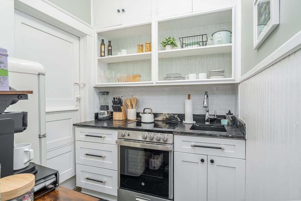 Fully stocked kitchen with all the essentials! The only thing you won't have is a dishwasher.