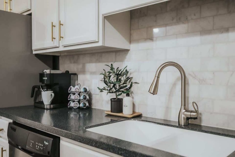 Dual Keurig coffee maker available. K-cups, creamers and sugar are provided.