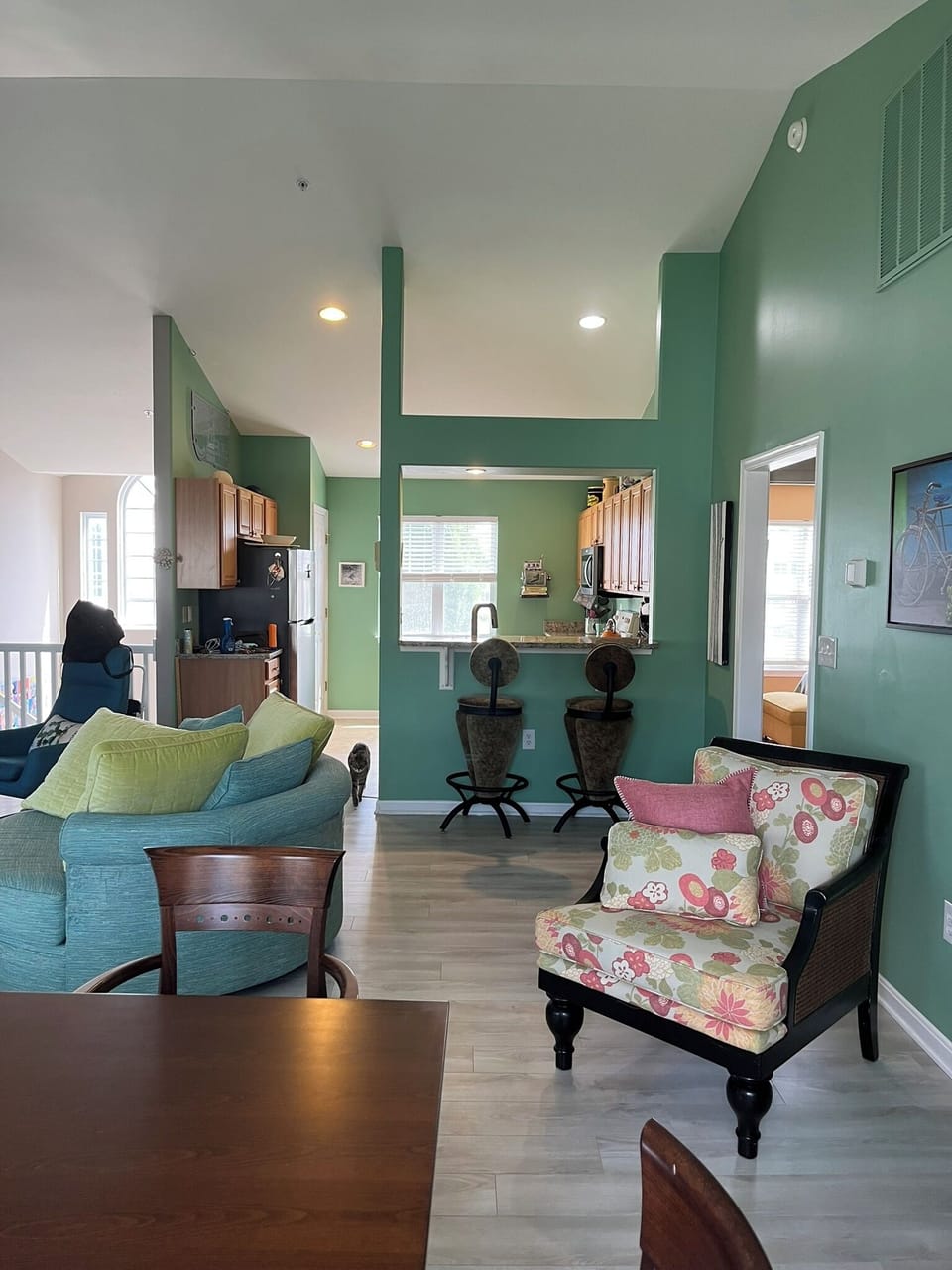 Looking into the kitchen from the dining area.