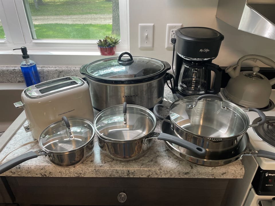 Coffee maker, crockpot, toaster, pots/pans