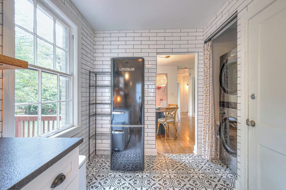 Vintage style fridge and open pantry shelving