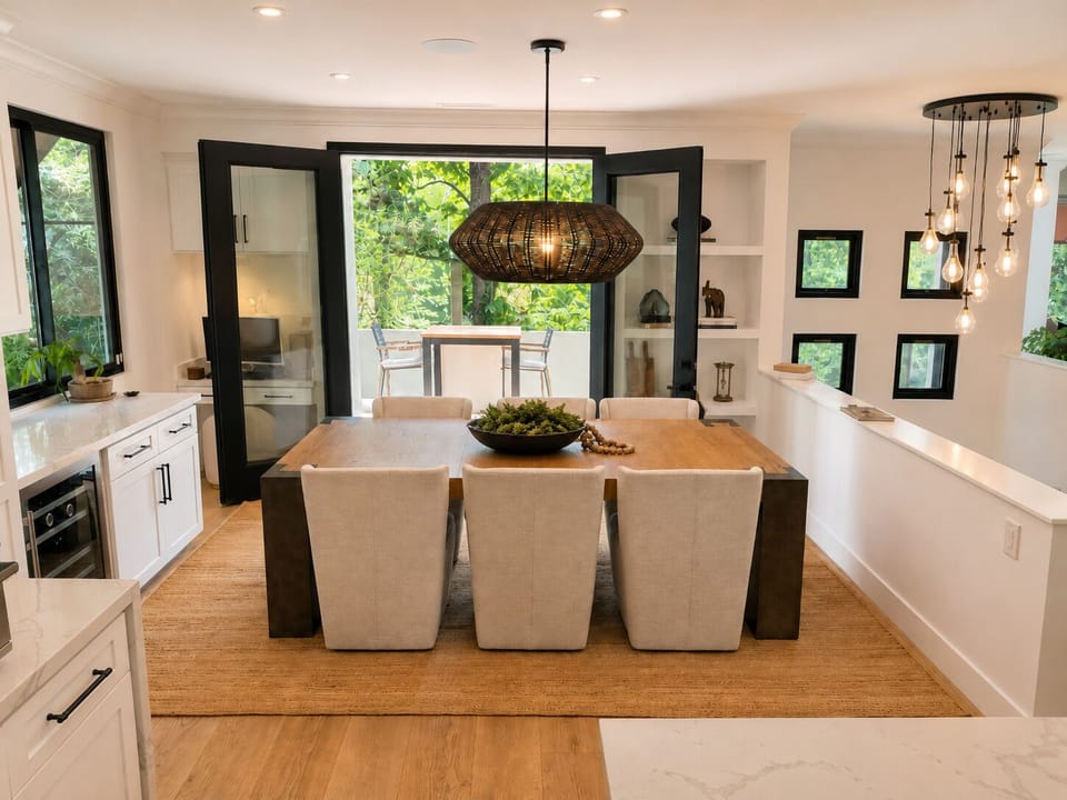 Dining room that leads to balcony w. more seating among greenery & mountain view
