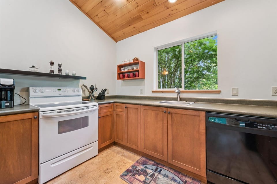 Bright, fully equipped kitchen featuring modern appliances, ample counter space, and a window framing peaceful forest views.