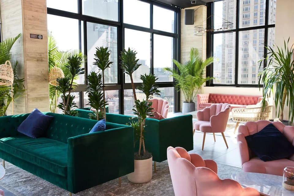 Relax by sunlit windows in a chic, plant-filled lounge.