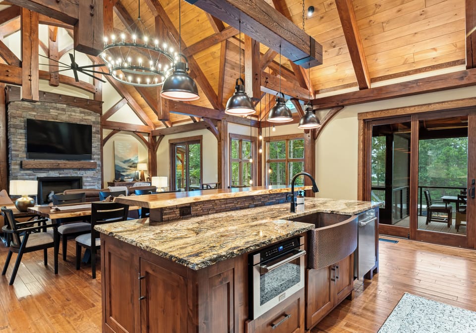 Open concept living, dining and kitchen.
