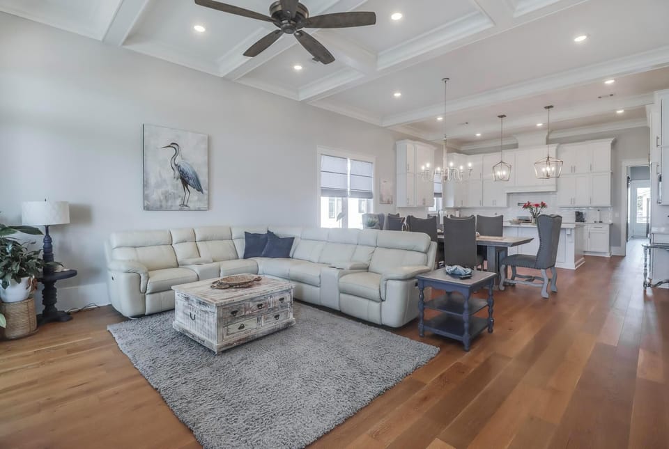 The living room is the heart of this coastal retreat.