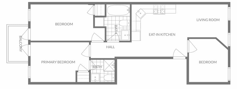 3-bedroom layout with eat-in kitchen, two bathrooms and spacious living room for gatherings.