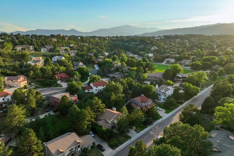Breathtaking bird's-eye view capturing mature trees and the mountains beyond.