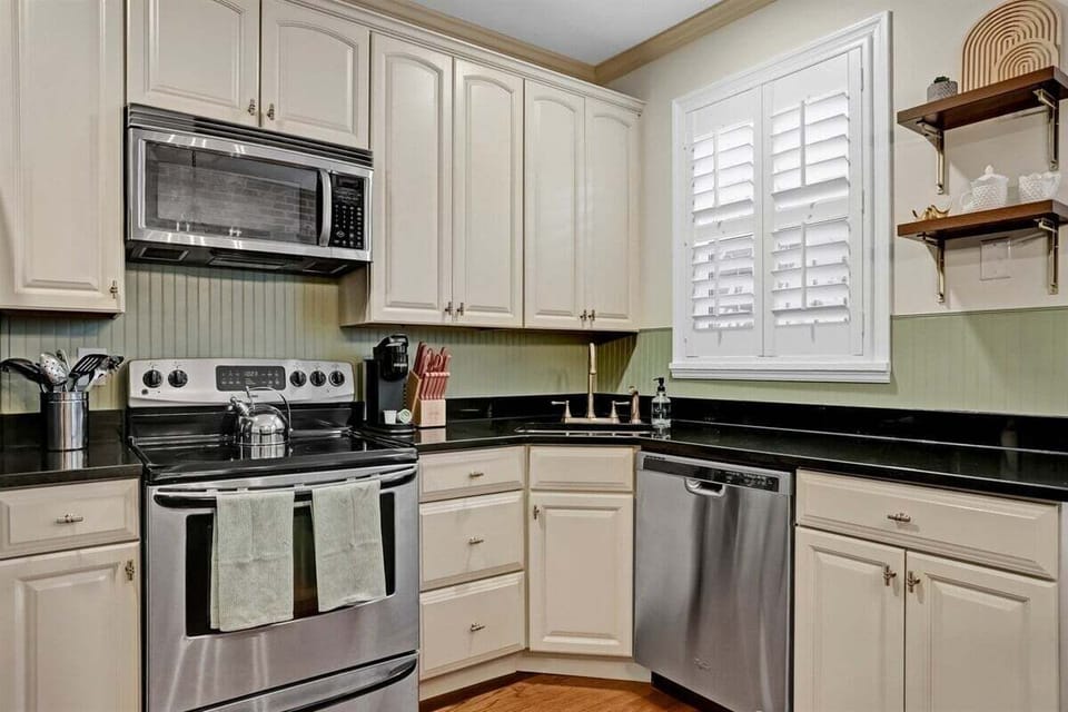 Everything you need—coffee maker, fridge, stove, and more.