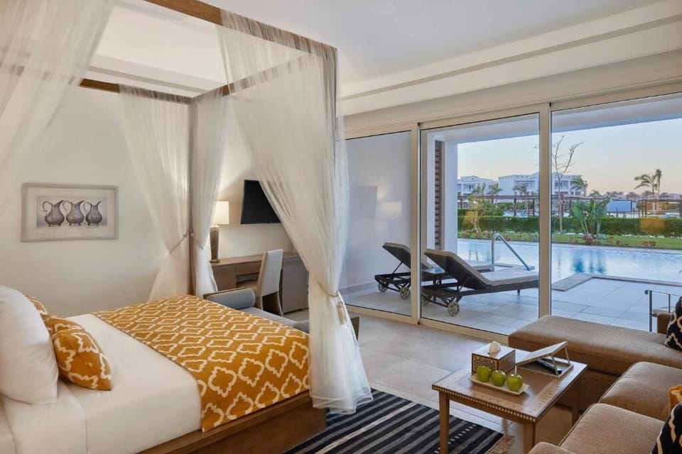 Unwind indoors, then slip outside to the shimmering pool.