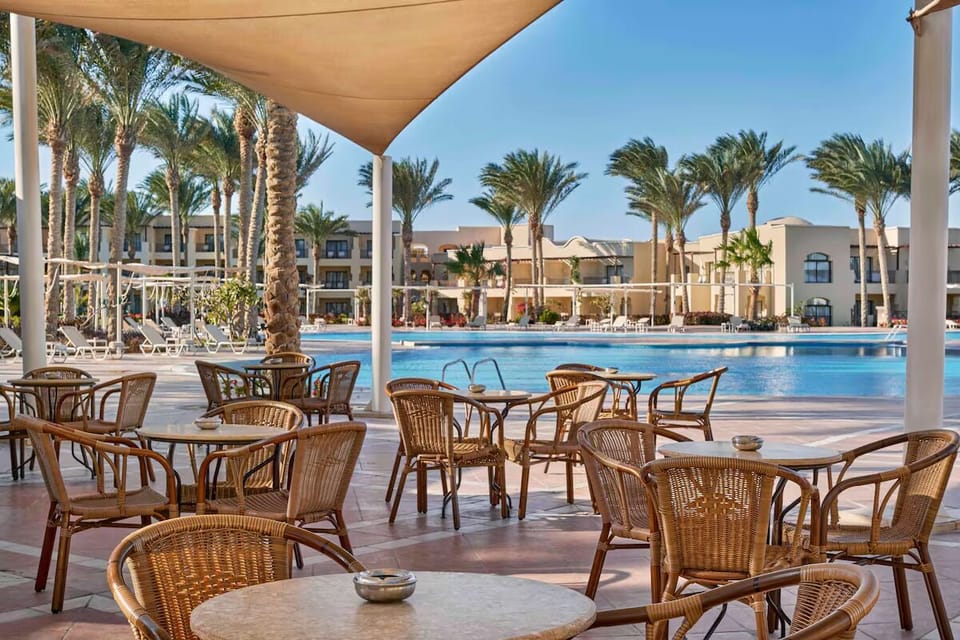 Lounge comfortably poolside beneath cooling shade and palms.