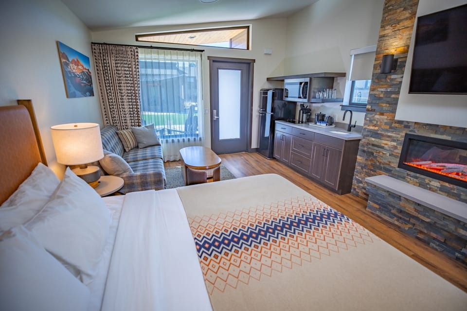Settle in beside the glowing fireplace after mountain adventures.