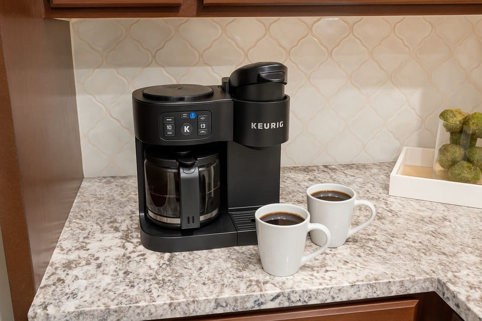 The White House includes the basics for cooking such as cooking oil and simple seasonings as well as a Keurig® Coffee Maker. Have a full pot or just one cup!