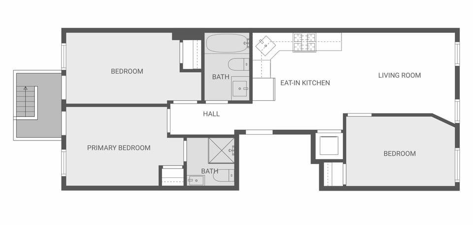 3BR layout with eat-in kitchen, 2 baths, and spacious living room