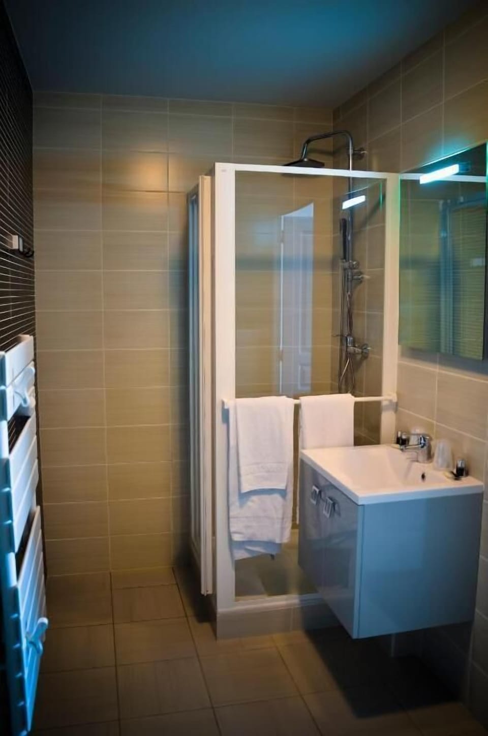 Refresh under a sleek shower in a spotless modern bath.