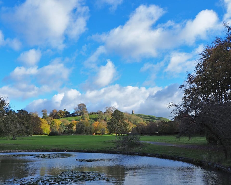 Glastonbury Tor, view from the fish pond in Glastonbury Abbey