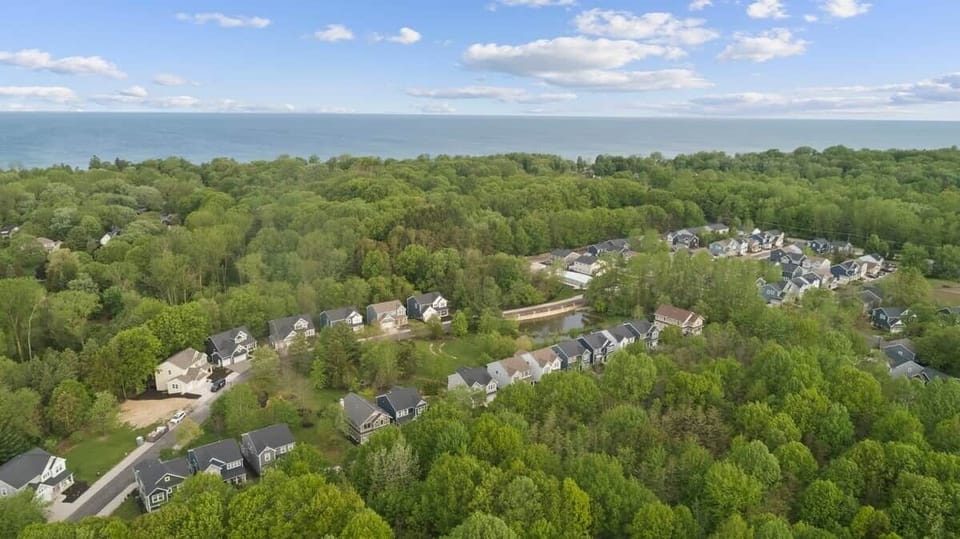 Scenic aerial view showcasing the peaceful wooded surroundings and luxury vacation community in South Haven.