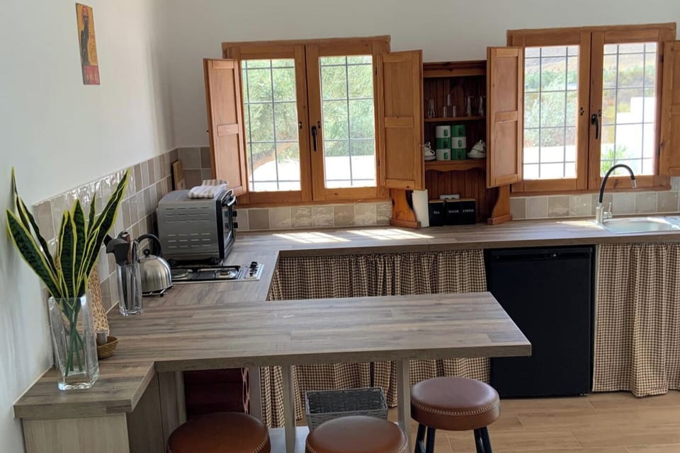 Kitchen area with double windows to private garden/patio area.
Oven, double gas hob, microwave, kettle, coffee maker, fridge with freezer compartment.