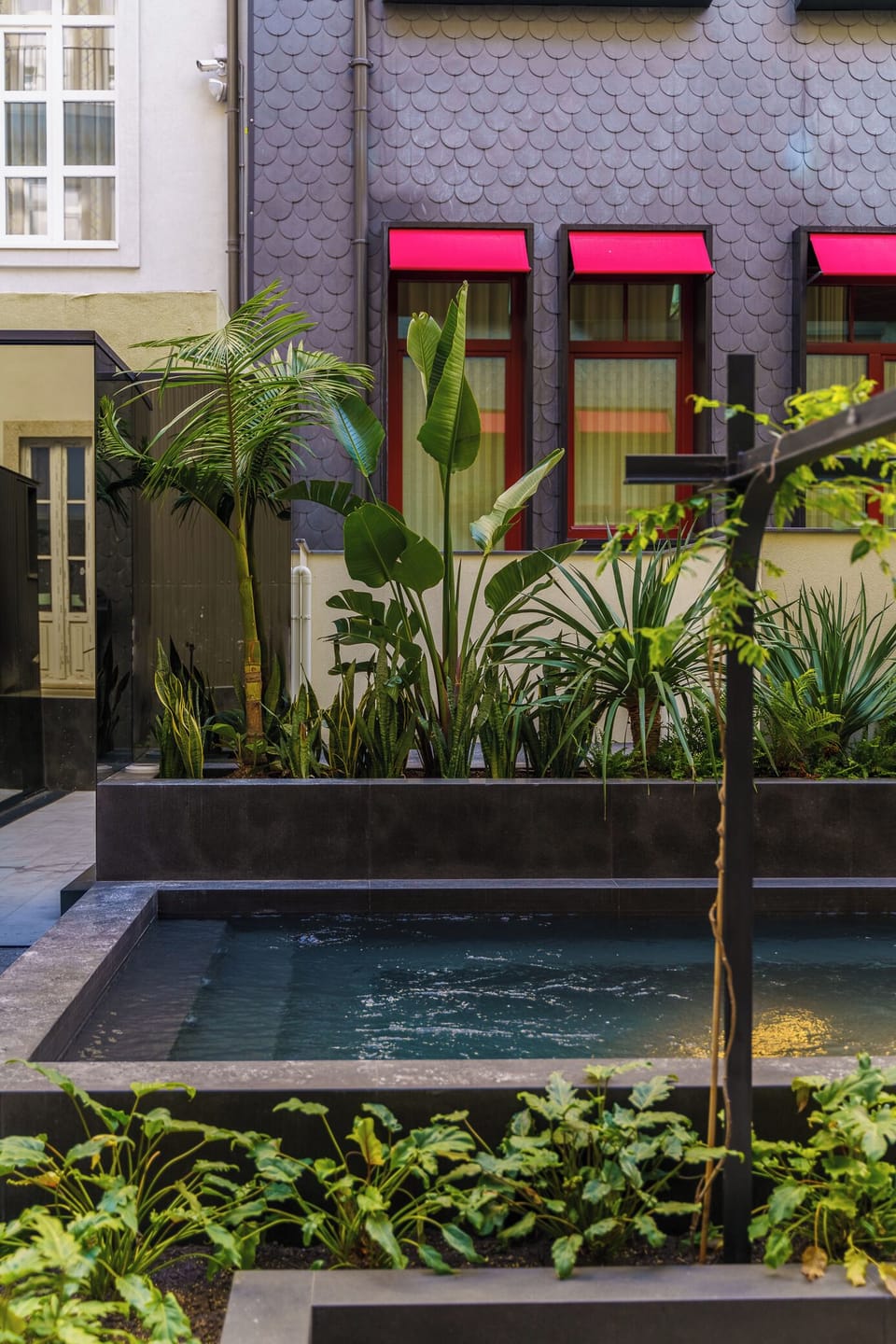Sip something cool as water ripples through lush greenery.