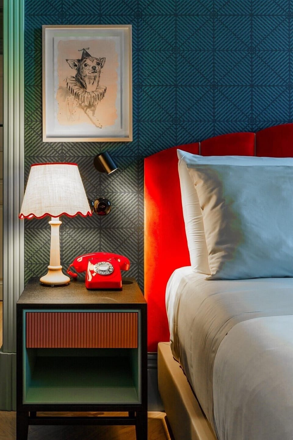 Settle in with cozy bedside lighting and playful vintage accents.
