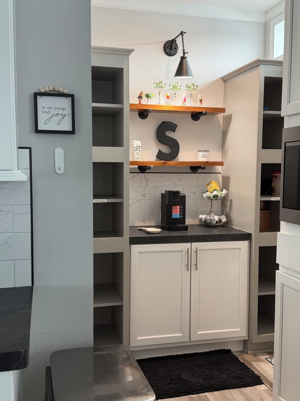 Coffee bar off kitchen and food storage
For guests.