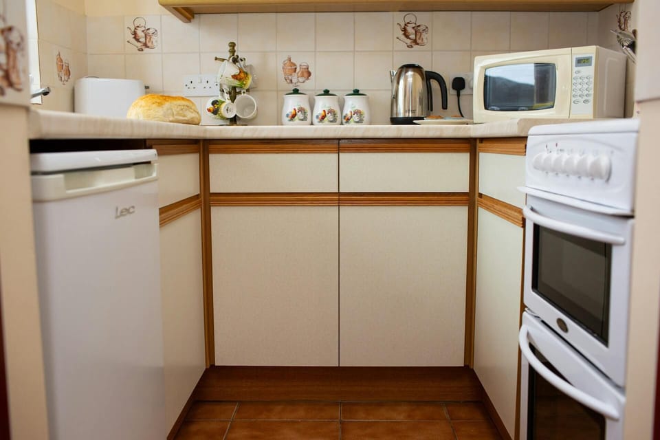 Kitchen with electric cooker, microwave and fridge