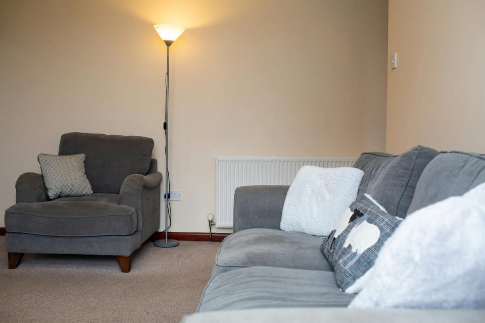 Armchair, large sofa and floor lamp