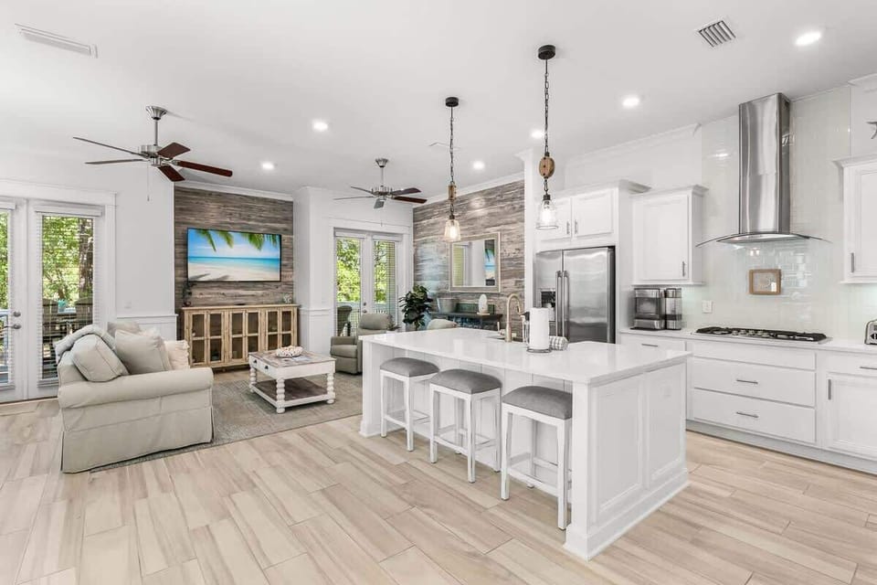 Large kitchen island includes seating for 3.