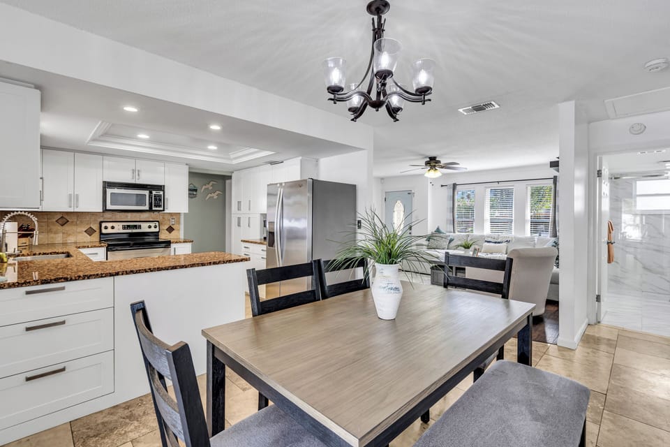 Enjoy some local takeout or a homemade meal with family and friends at the table. With the 4 chairs and bench seating, you can seat 6 comfortably.