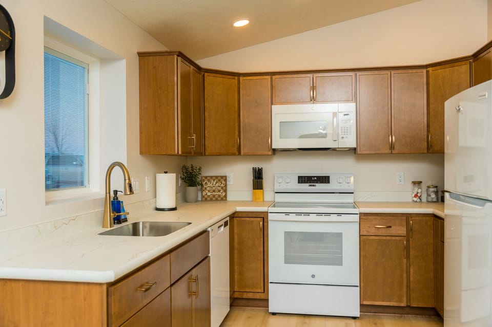 Modern appliances like an electric stove, dishwasher, microwave, and fridge!