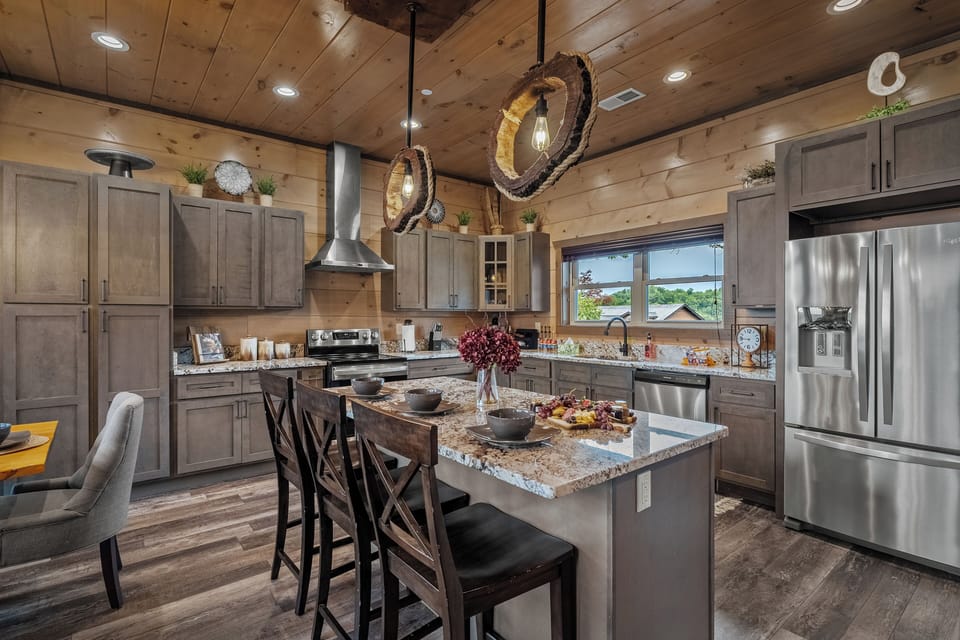 Large fully stocked kitchen with island.