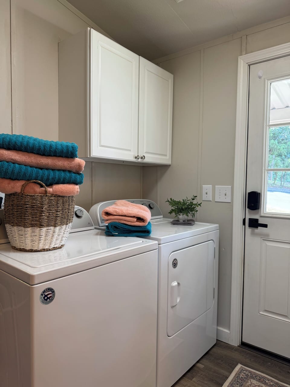 Washer and dryer, towels and wash cloths provided.