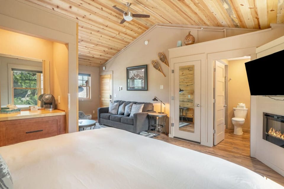 King suite with electric fireplace and big smart TV