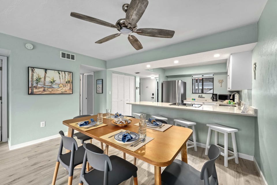 Open concept provides variations in seating arrangements for formal dinners to family game nights.
