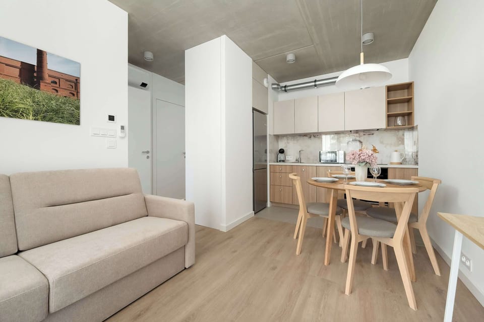A comfortable open-plan living area with a sofa bed and a TV. The modern kitchen is visible in the background.