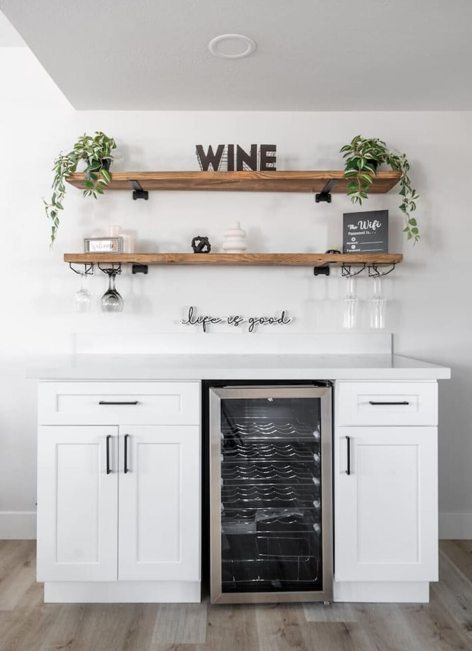 Wine bar ( Wine not Included) notepads and pens on bottom right. Manuels for appliances on bottom left. When you walk by there is a light that will turn on automatically.