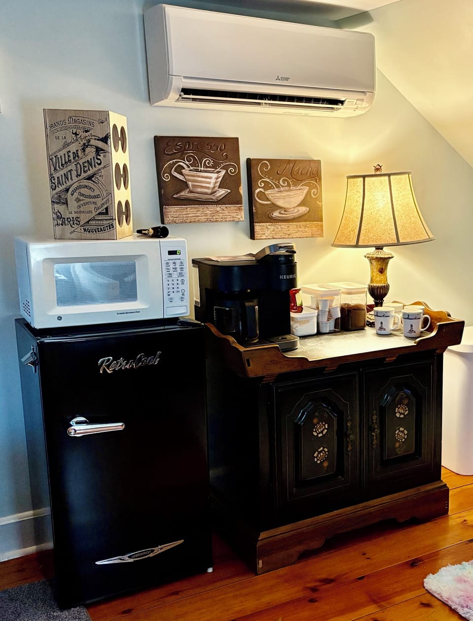 Antique dry sink coffee station with dual-option Keurig in dining/kitchen area