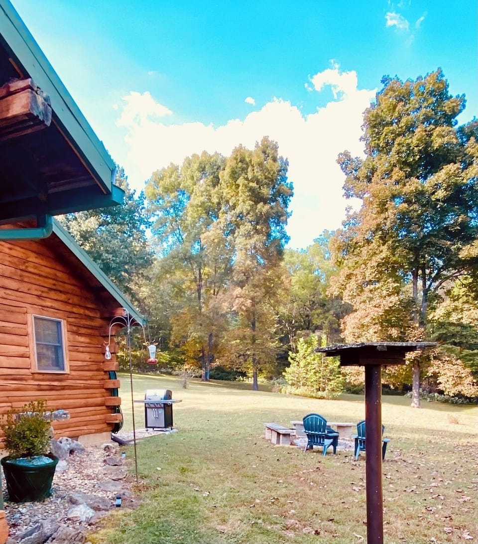 Fire pit and seating area with view of the woods.