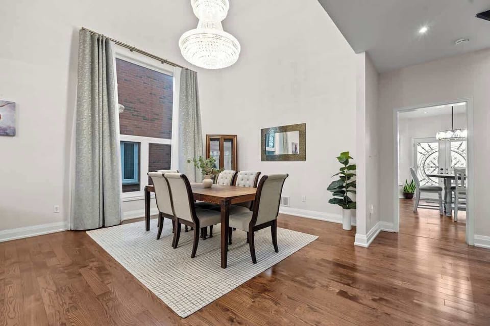 Dine under a dazzling crystal chandelier & soaring ceilings in this elegant space.