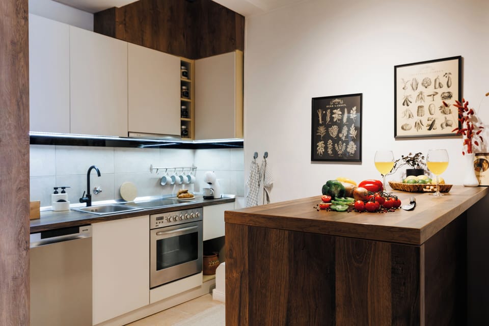 Fully equipped kitchen with oven, fridge, dishwasher, cookware,basic groceries