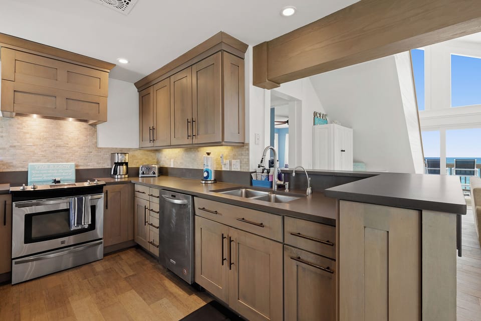 Kitchen with an ocean view