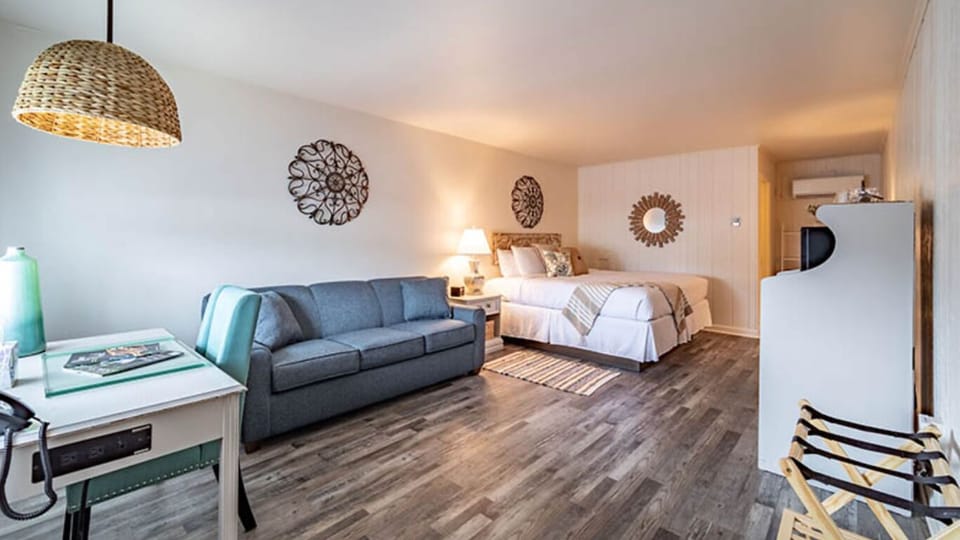 Spread out in the airy studio with sofa and plush bed.