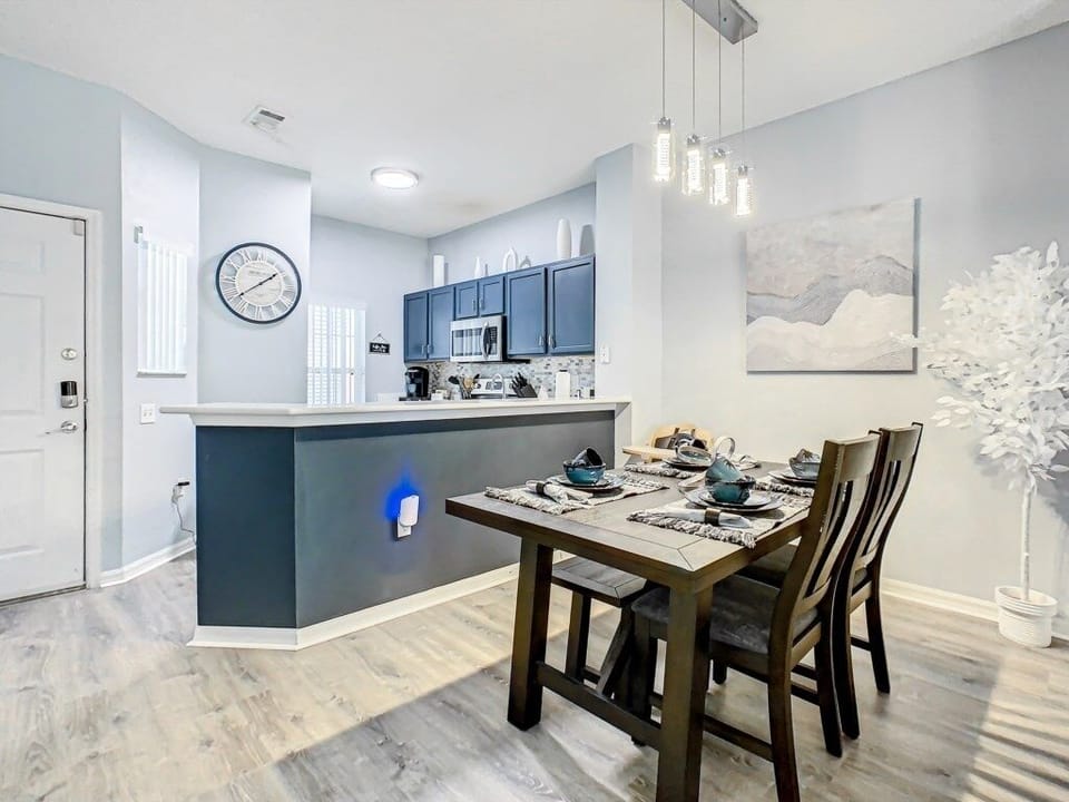 Bar-height seating at the counter for casual dining or morning coffee.