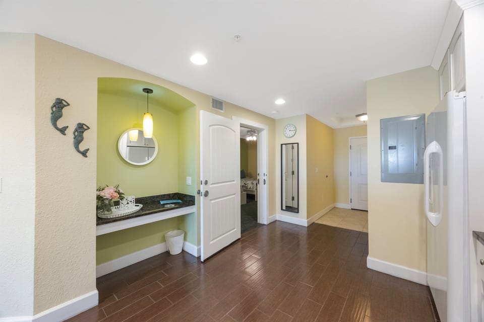 View from kitchen to entry foyer