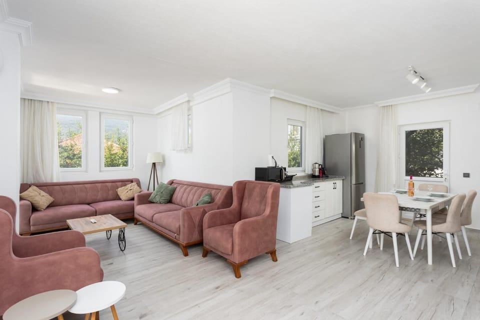 Open-plan living room with sofas, dining area, kitchen, A/C, WiFi internet, and satellite TV
